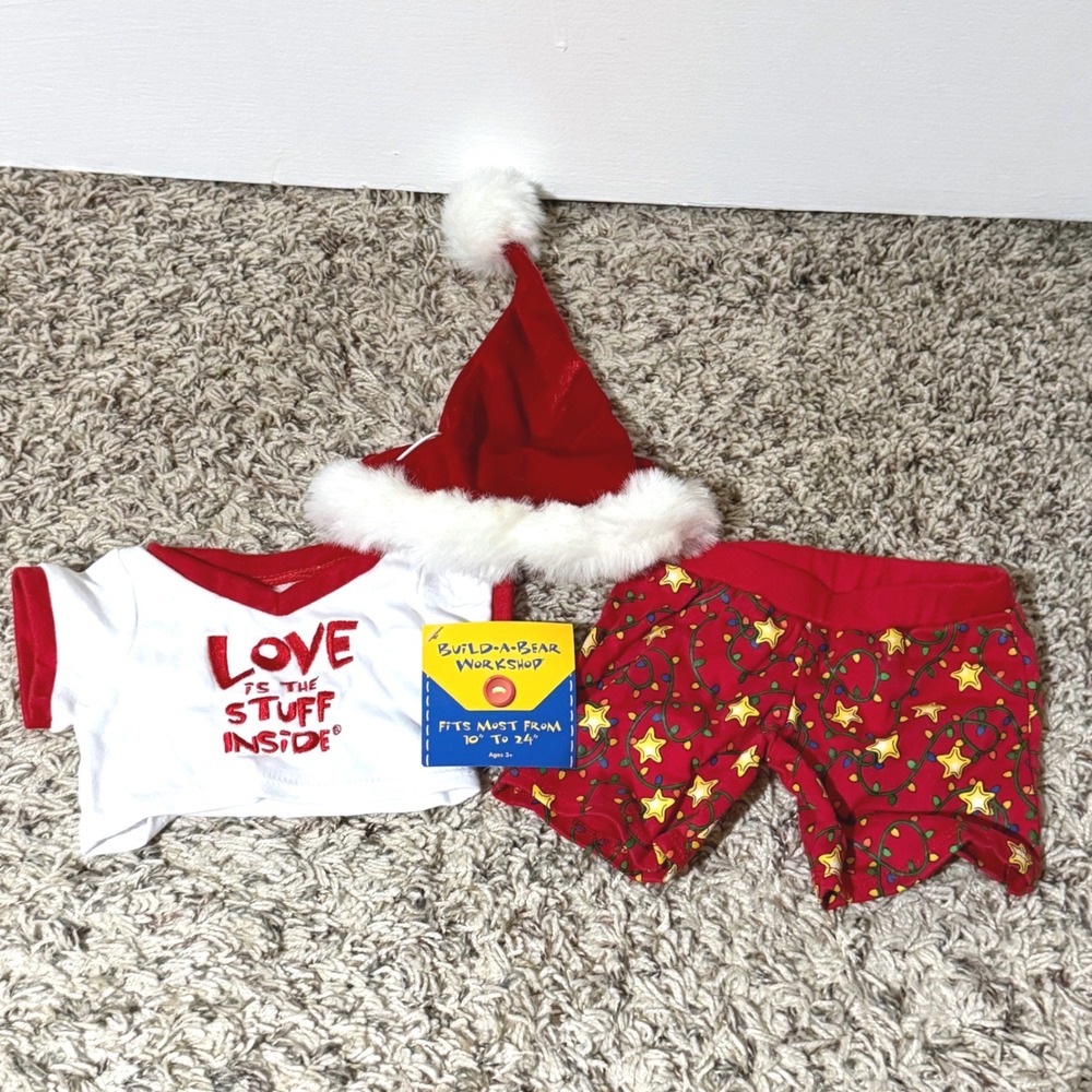 Build-A-Bear Workshop Christmas Outfit Set Santa Hat Shirt Shorts Holiday NEW
